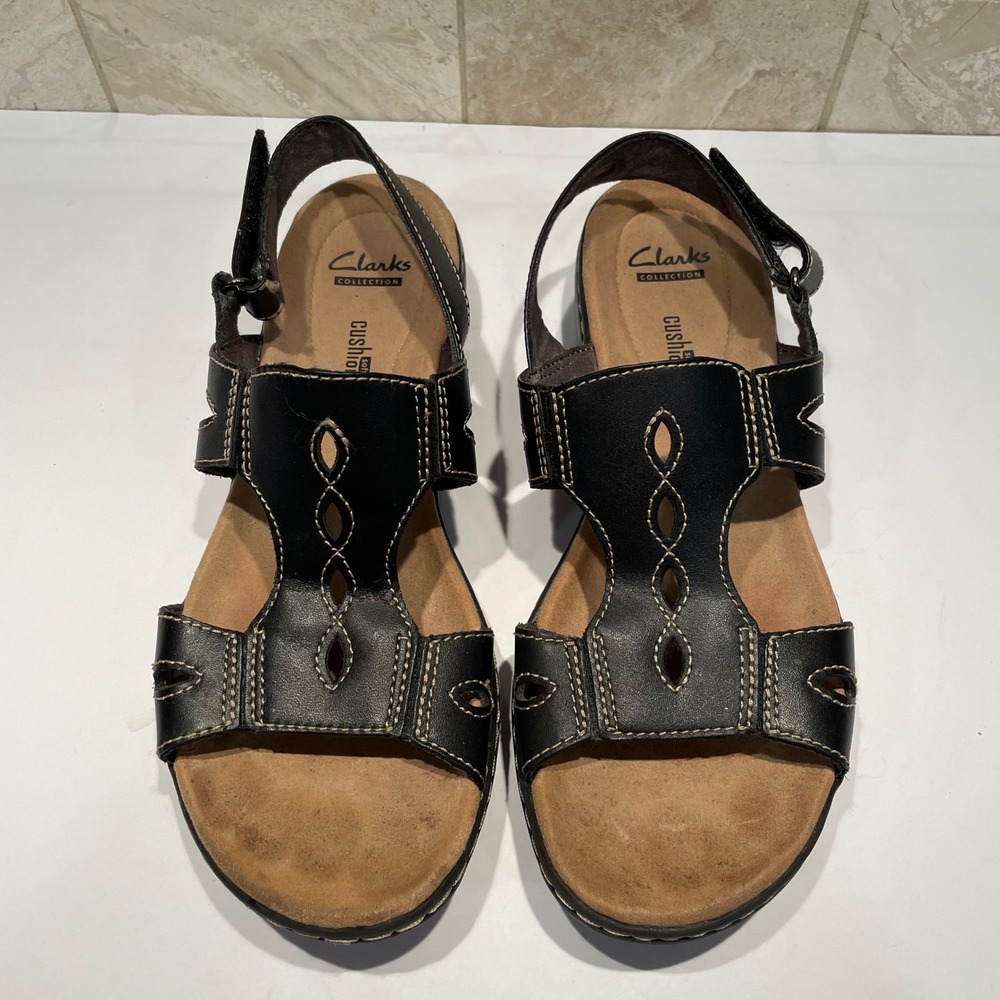 Clarks Collection Leisa Lakelyn Black Leather Strappy Slingback Sandals 8.5M